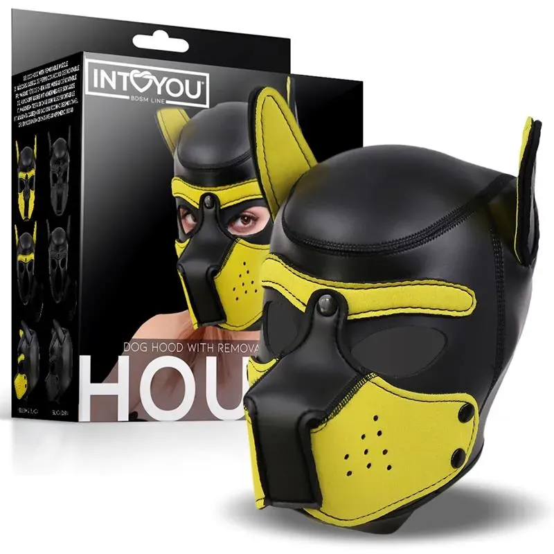 Hound Máscara de Perro Neopreno Hocico Extraíble Negro/Amarillo Talla Única – BDSM/Máscaras