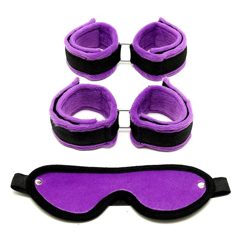 Rimba Bondage Play Set de Esposas para Tobillo y Muñecas Color Púrpura – Esposas y Antifaces