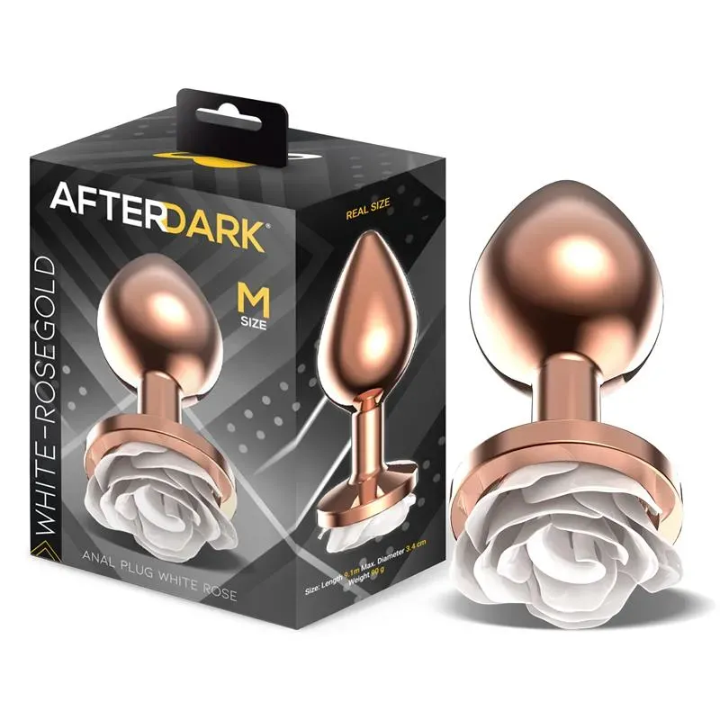 Plug Anal de Metal Oro Rosa con Rosa Blanca en la Base Talla M – Anal