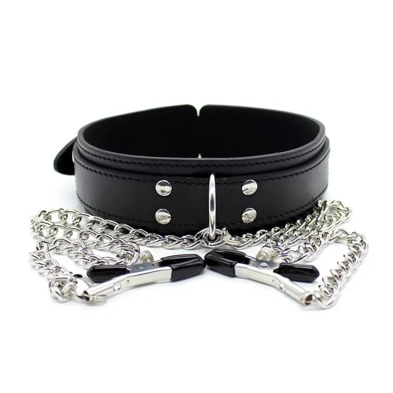 Collar con Pezoneras y Cadena de Metal Negro – Collares