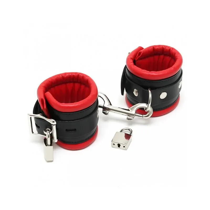 Esposas para Pies Cuero Negro y Rojo con Candado 7 cm – Esposas y Antifaces
