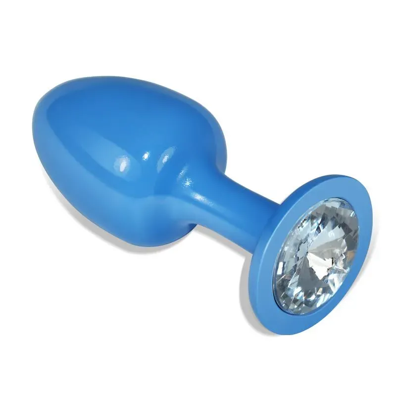 Plug Anal de Metal Azul Rosebud con Joya Transparente – Anal